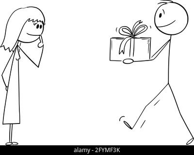 Homme donnant cadeau ou cadeau à une femme ou une fille, Illustration de la figure de bâton de dessin animé Illustration de Vecteur