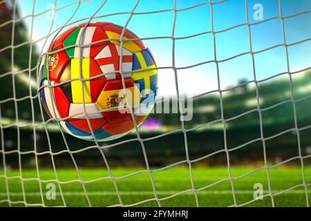 Football ballon de football avec drapeaux des pays européens dans le net de but sur le stade de football. Championnat de l'euro 2021. illustration 3d Banque D'Images