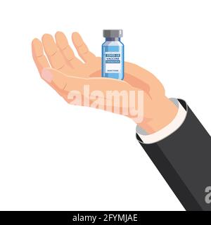 Flacon de vaccin à main levée contre le coronavirus. Traitement, provention ou lutte contre le coronavirus covid-19. Modèle d'affiche isolé d'illustration vectorielle Illustration de Vecteur