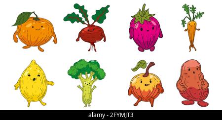 Ensemble de légumes dessin à la main caractères dessin animé. Collection orange, racine de betterave, fraise, carotte, citron, brocoli, pomme, pomme de terre Illustration de Vecteur