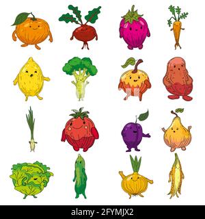 Ensemble de légumes dessin à la main caractères dessin animé. Collection orange, racine de betterave, fraise, carotte, citron, brocoli, pomme, pomme de terre, tomate, poireau Illustration de Vecteur