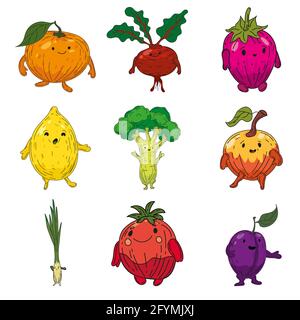 Ensemble de légumes dessin à la main caractères dessin animé. Orange de collection, racine de betterave, fraise, citron, brocoli, pomme, tomate, poireau, prune Illustration de Vecteur