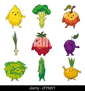 Ensemble de légumes dessin à la main caractères dessin animé. Collection citron, brocoli, pomme, tomate, poireau, oignon, prune, chou, cucmber, oignon Illustration de Vecteur