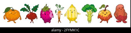 Ensemble de légumes dessin à la main caractères dessin animé. Collection orange, racine de betterave, fraise, carotte, citron, brocoli, pomme, pomme de terre Illustration de Vecteur
