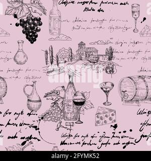 Motif vectoriel sans couture branche de raisin de vin, bouteilles, verres, texte illisible, fût en bois, en-cas, tire-bouchon. Dessin à la main d'esquisse Doodle. Vecteur Illustration de Vecteur