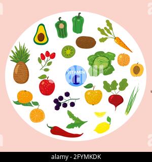 Ensemble de sources naturelles d'origine de la vitamine C. Journal sain riche en acide ascorbique, fruits, légumes, baies. Produits diététiques biologiques, nutrition naturelle Illustration de Vecteur