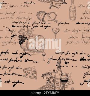 Motif vectoriel sans couture branche de raisin de vin, bouteilles, verres, texte illisible, fût en bois, en-cas, tire-bouchon. Dessin à la main d'esquisse Doodle. Vecteur Illustration de Vecteur