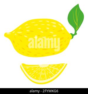 Citron entier et tranche, produit alimentaire naturel sain, agrumes. Dessin animé plat à la main dessin à la main isolé Illustration de Vecteur