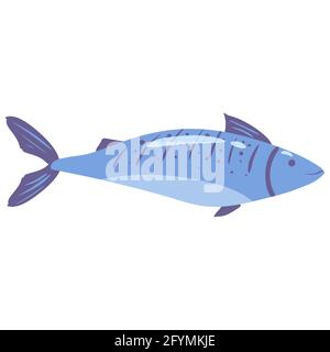 Bleu de poisson, produit alimentaire naturel sain et biologique. Dessin animé plat à la main dessin à la main isolé Illustration de Vecteur