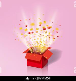 Ouvrez la boîte cadeau rouge et les confettis de couleur. Rayons lumineux. Illustration vectorielle. Isolé, Baner modèle, affiche Illustration de Vecteur