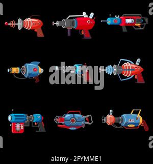 Set caricature rétro blaster d'espace, pistolet à rayons, arme laser. Illustration vectorielle. Style de dessin animé Illustration de Vecteur