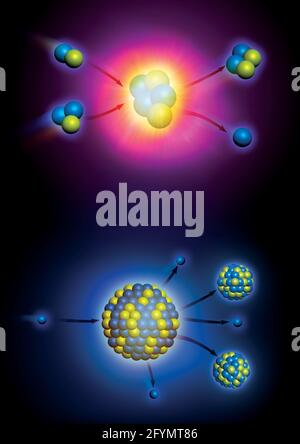 Fission et fusion nucléaires, illustration Banque D'Images