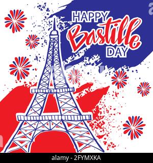 Bonne fête de la Bastille, le 14 juillet. Carte de vœux avec la tour Eiffel. Banque D'Images