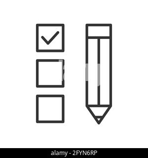 Icône de vecteur crayon. Pictogramme de la liste de vérification. Approuver l'illustration du symbole linéaire du presse-papiers. Cochez le signe de la ligne de repère. Informations confirmées. Illustration de Vecteur