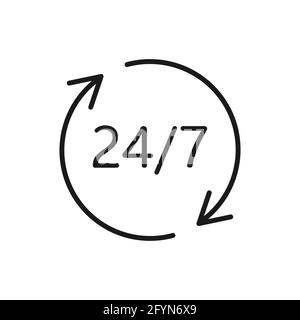 Icône 24 heures par jour. symbole de 24/7 lignes. Panneau de service de support. Concept d'aide. Vecteur isolé sur blanc Illustration de Vecteur