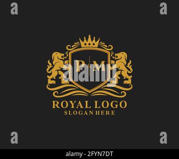 Modèle de logo de luxe Royal Lion lettre PM en illustrations vectorielles pour les restaurants, les royalties, les boutiques, les cafés, les hôtels, Héraldique, bijoux, mode et autre vecteur il Illustration de Vecteur