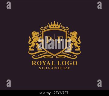 Modèle de logo PF Letter Lion Royal Luxury dans les illustrations vectorielles pour les restaurants, les royalties, les boutiques, les cafés, les hôtels, Héraldique, bijoux, mode et autre vecteur il Illustration de Vecteur