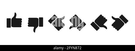 Jeu d'icônes pouces vers le haut et vers le bas. Collection d'affiches de silhouette noires semblables et dissemblables. Pas d'accord avec le groupe de symboles de contour d'accord. Mouvement du bras. Illustration de Vecteur