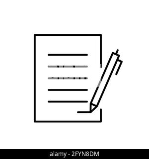 Document avec icône de plume.Symbole de contrat.Affiche pour ordinateur portable.Informations signées.Bloc-notes isolé Illustration de Vecteur