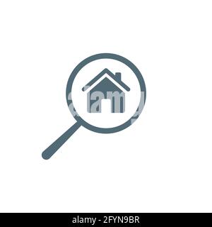 Icône de recherche de maison. Symbole de bâtiment avec loupe. Accueil et panneau bleu en forme de loupe Illustration de Vecteur