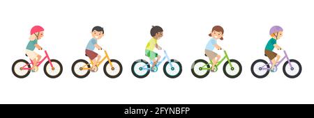 Enfants adorables à vélo. Différents enfants font du vélo. Illustration de Vecteur