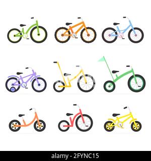 Ensemble d'icônes vélo pour enfants. Différentes bicyclettes collection colorée. Illustration de Vecteur