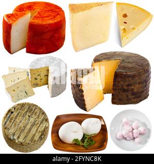 Collection de fromages durs et mous isolés sur fond blanc Banque D'Images