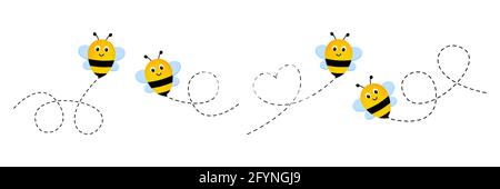 Jolies abeilles avec ligne pointillée. Illustration vectorielle isolée sur blanc Illustration de Vecteur