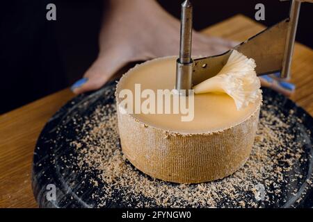 Rasage de la tête de moine à l'aide d'un couteau à girofle. Tête de moines. Variété de fromage semi-dur suisse à base de lait de vache. Banque D'Images