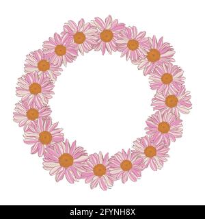 Couronne fleurie de pâquerettes blanc-rose-jaune sur fond blanc. Élément d'illustration vectorielle avec espace de copie, peut être utilisé pour les cartes de vœux, les invitations, les mariages, les anniversaires, les pâques, conception de l'emballage. Illustration de Vecteur