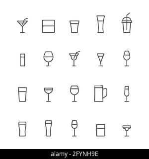 Ensemble de lignes d'icônes de boissons. Groupe contour de verre. Collection linéaire de verrerie. Illustration de Vecteur