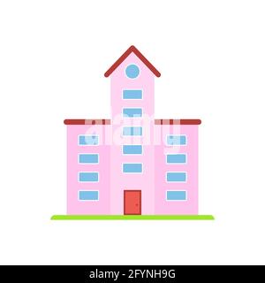Bâtiment rose avec toit rouge. Maison moderne ou symbole immobilier dans un style plat. Hôtel ou bâtiment scolaire. Signe de propriété privée. Illustration de Vecteur