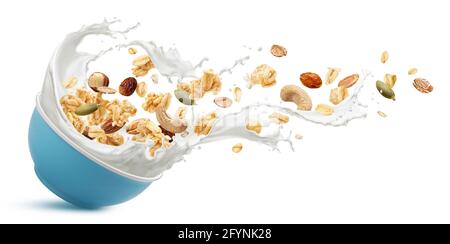 Chute de muesli croquants, bol de granola d'avoine avec éclaboussures de lait isolées sur fond blanc Banque D'Images