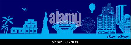 Silhouette de ville vectorielle - illustration, ville sur fond bleu, San Diego, Californie Illustration de Vecteur