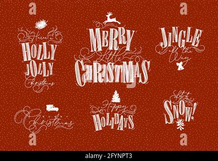 Fêtes lettrage holly jolly, joyeux petit noël, jingle tout le chemin, joyeuses fêtes, laisser la neige dessiner dans le style de la ligne de plume sur le rouge backgroun Illustration de Vecteur