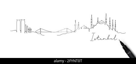 Silhouette de ville Istanbul en dessin de style stylo avec noir lignes sur fond blanc Illustration de Vecteur