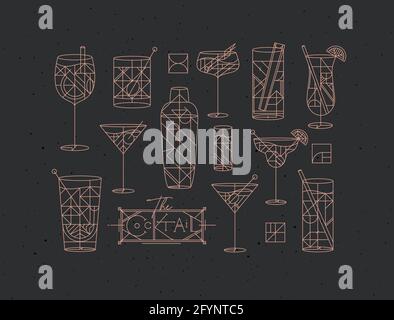 Cocktails Art déco dessinant dans le style des lignes à l'obscurité arrière-plan Illustration de Vecteur