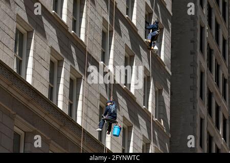 Lave-glaces de bâtiment de bureau de grande hauteur suspendus à des cordes Banque D'Images