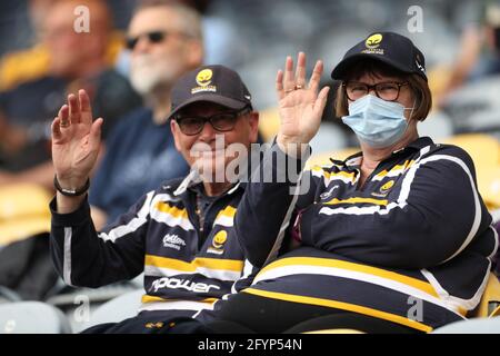 Worcester Warriors fans au Worcester Warriors v Leicester Tigers Gallagher Premiership match au Sixways Stadium, Worcester. Date de la photo: Samedi 29 mai 2021. Banque D'Images