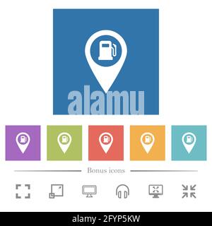 Station-service GPS emplacement carte icônes blanches plates dans des fonds carrés. 6 icônes bonus incluses. Illustration de Vecteur