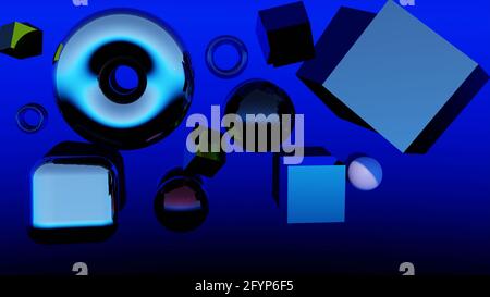 arrière-plan 3d bleu, objets 3d sur surface bleu métallique, objets brillants, rendu 3d, illustration 3d, Banque D'Images