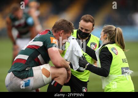 Hanro Liebenberg (à gauche) de Leicester Tigers lors du match Gallagher Premiership au Sixways Stadium, Worcester. Date de la photo: Samedi 29 mai 2021. Banque D'Images