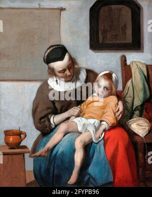 L'enfant malade par Gabriël Metsu (1629–1667), huile sur toile, c. 1664/1666 Banque D'Images