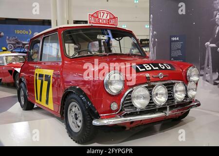 Morris Mini-Cooper S (1966) 1967 gagnant du rallye Monte Carlo, British Motor Museum, Gaydon, Warwick, West Midlands, Angleterre, Grande-Bretagne, Royaume-Uni, Europe Banque D'Images