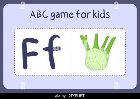 Mini-jeux d'alphabet pour enfants de style dessin animé avec la lettre F - fenouil. Illustration vectorielle pour la conception de jeux - couper et jouer. Apprenez l'abc avec des cartes flash de fruits et légumes. Illustration de Vecteur