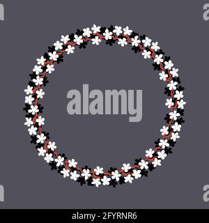 Couronne de fleurs colorées.couronne délicate de branches de sakura.fleurs dessinées à la main, cercle Cadre de fleurs noir et blanc sur gris.Design pour Banque D'Images