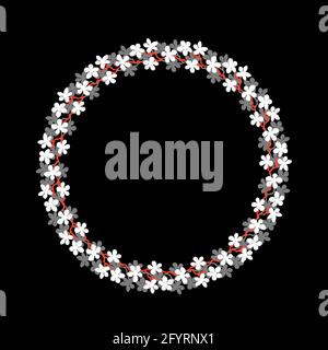 Couronne de fleurs colorées.couronne délicate de branches de sakura.fleurs dessinées à la main, cercle Cadre de couleurs gris et blanc fleurs sur noir.Design FO Banque D'Images