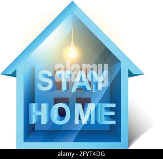 Vector Icon Covid-19, modèle de conception d'épidémie de coronavirus avec petite maison à la lumière douce et rester à la maison signe. Isolé sur fond blanc. Séjour Illustration de Vecteur