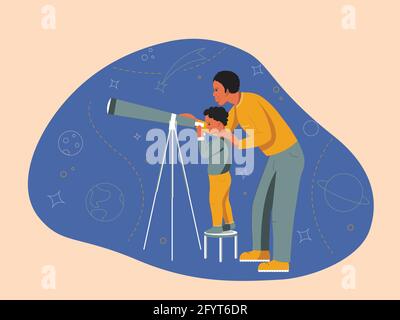 Le père et le jeune fils regardent les étoiles avec le télescope Illustration de Vecteur