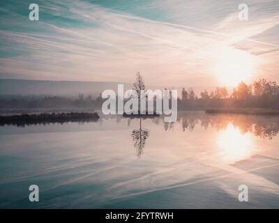 Lac Chalupska Slat à Borova lada, photo classique au cours d'un lever de soleil rose et bleu vif avec un fond brumeux. Lac Chalupska Moor à Sumav Banque D'Images